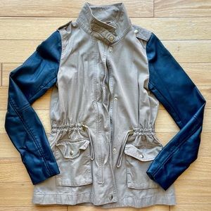 Khaki Jacket with Faux Leather Sleeves